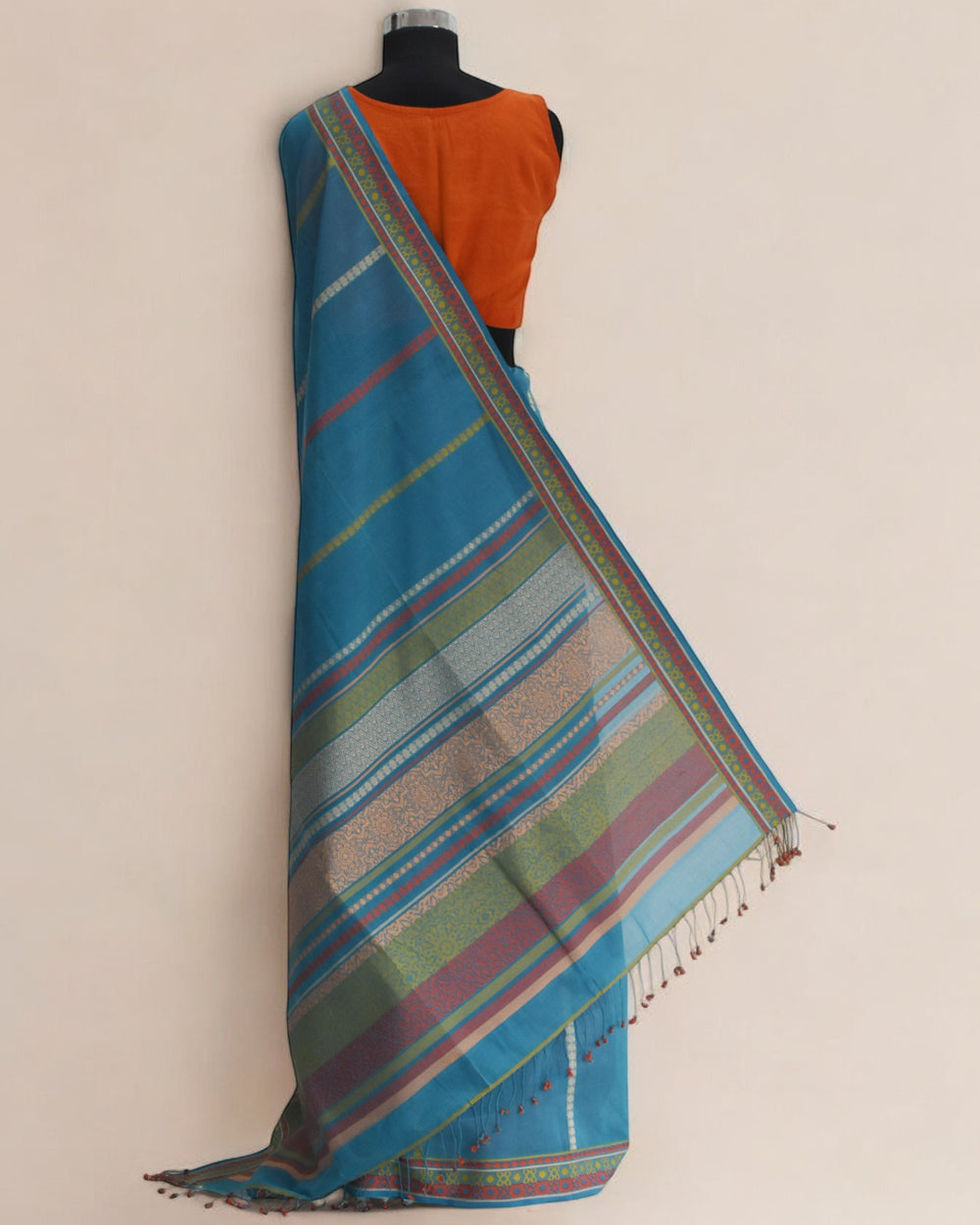 Blue - Floral & Geometric Organic Cotton Saree