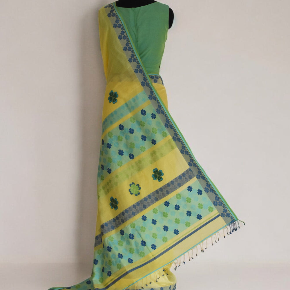 
                      
                        Lime Yellow - Clover Motif Organic Cotton Saree
                      
                    