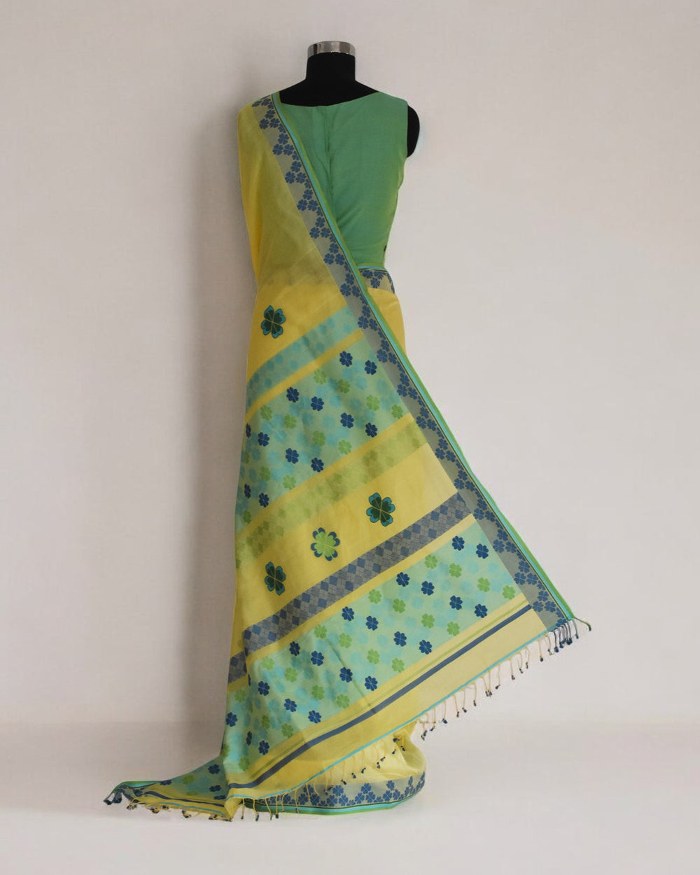 Lime Yellow - Clover Motif Organic Cotton Saree