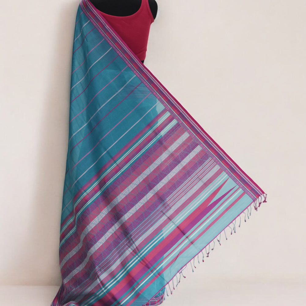 Cyan Blue - Zig Zag Motif Organic Cotton Saree