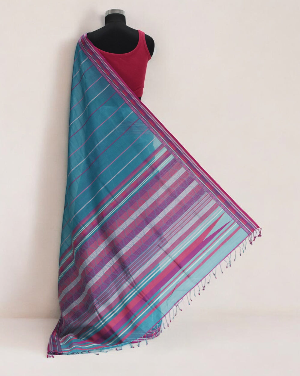 Cyan Blue - Zig Zag Motif Organic Cotton Saree