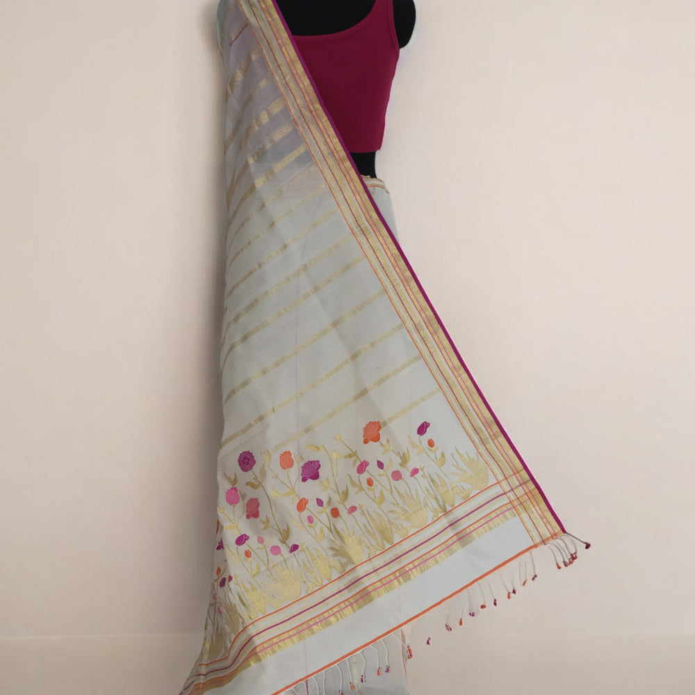 Off-White - Radiant Poppy Organic Cotton Saree