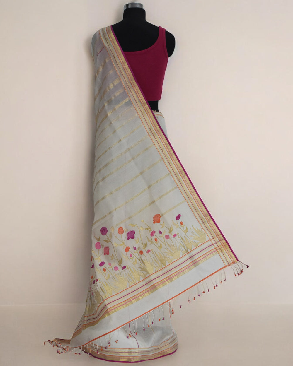 Off-White - Radiant Poppy Organic Cotton Saree