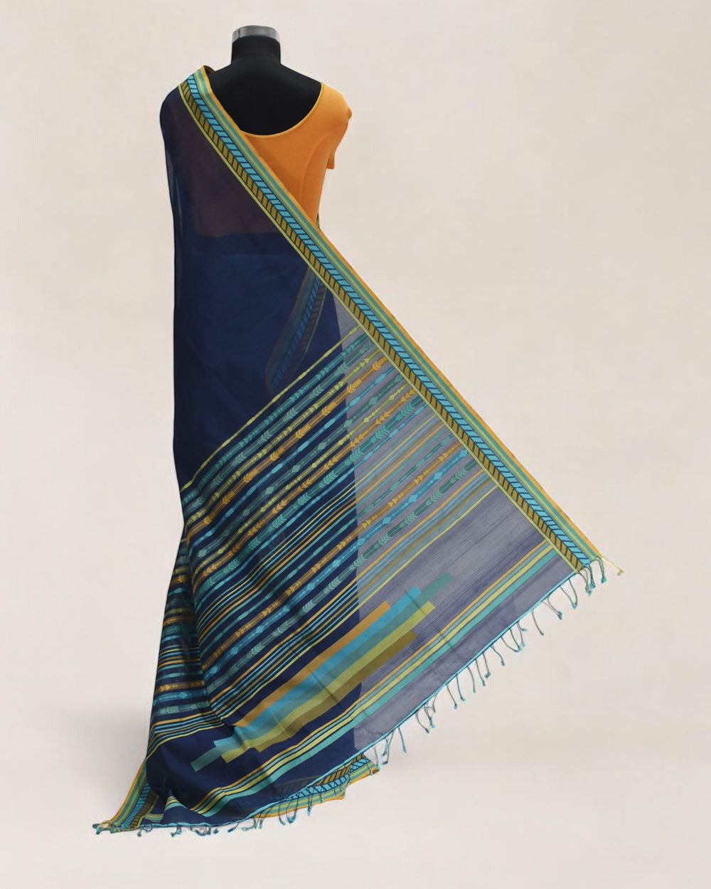 Indigo Blue - Arrowed Opulence Organic Cotton Saree