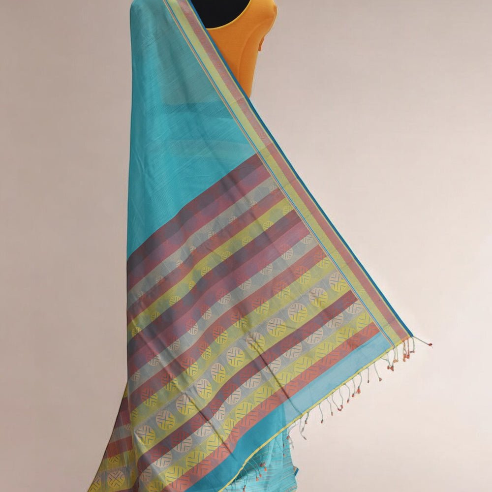 Cyan Blue - Whispering Circles Organic Cotton Saree