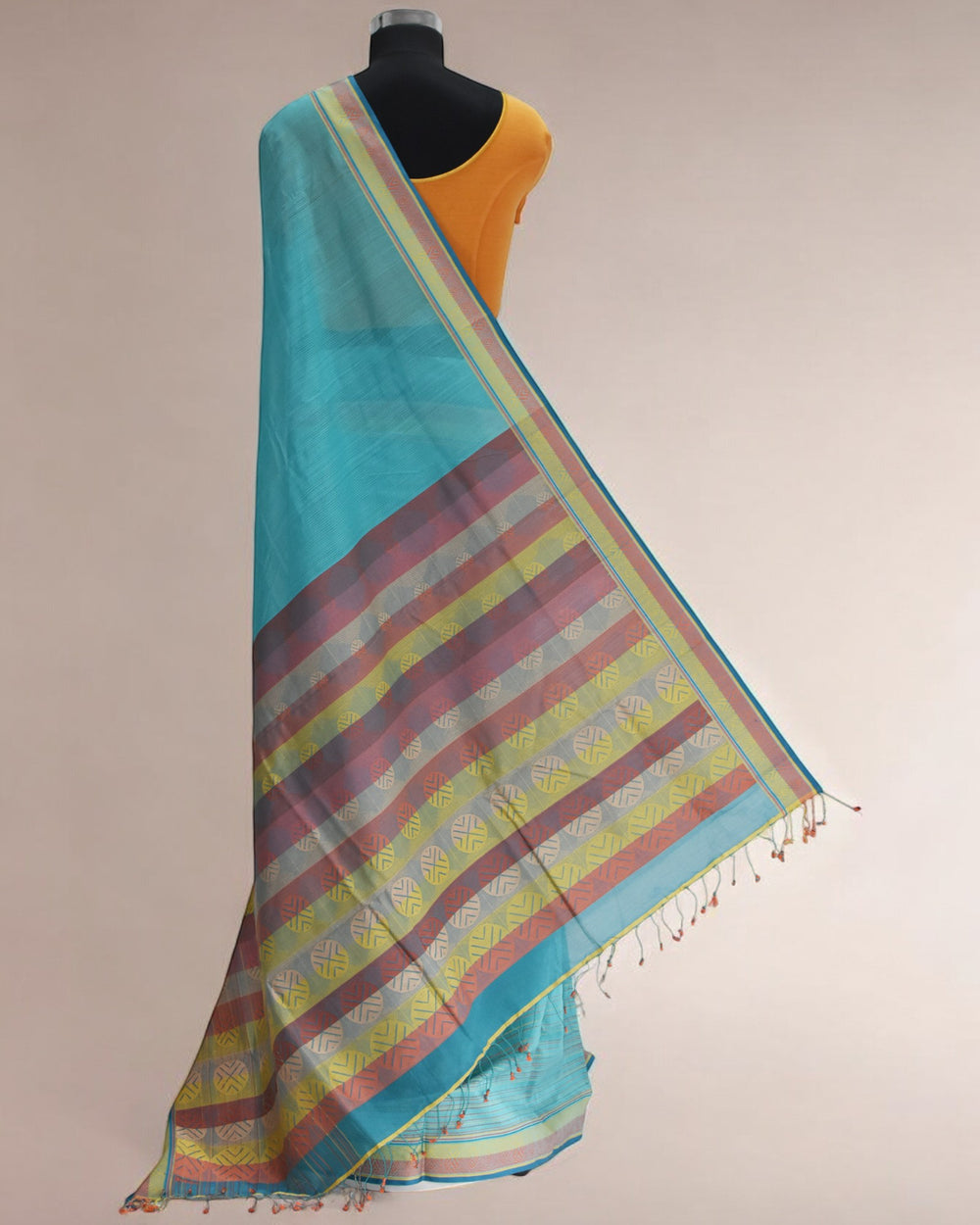 Cyan Blue - Whispering Circles Organic Cotton Saree