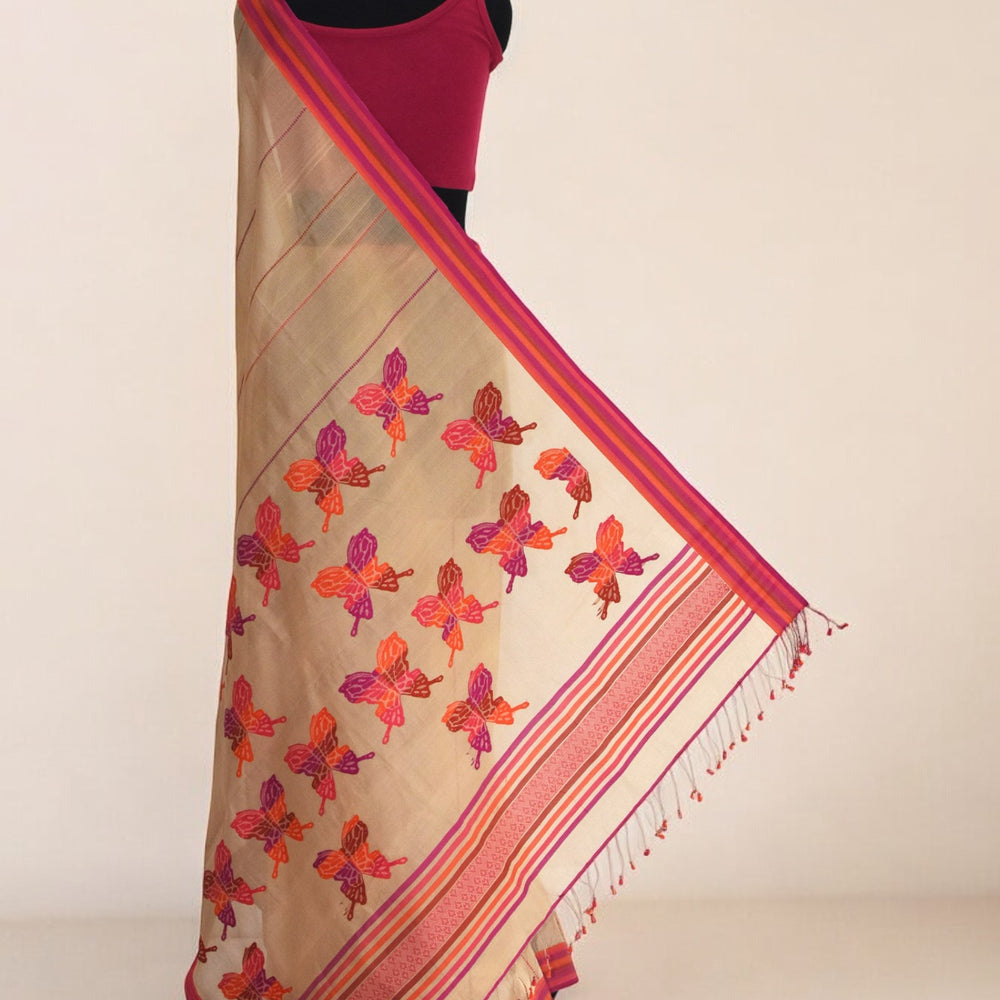 Beige - Butterfly Motif Organic Cotton Saree