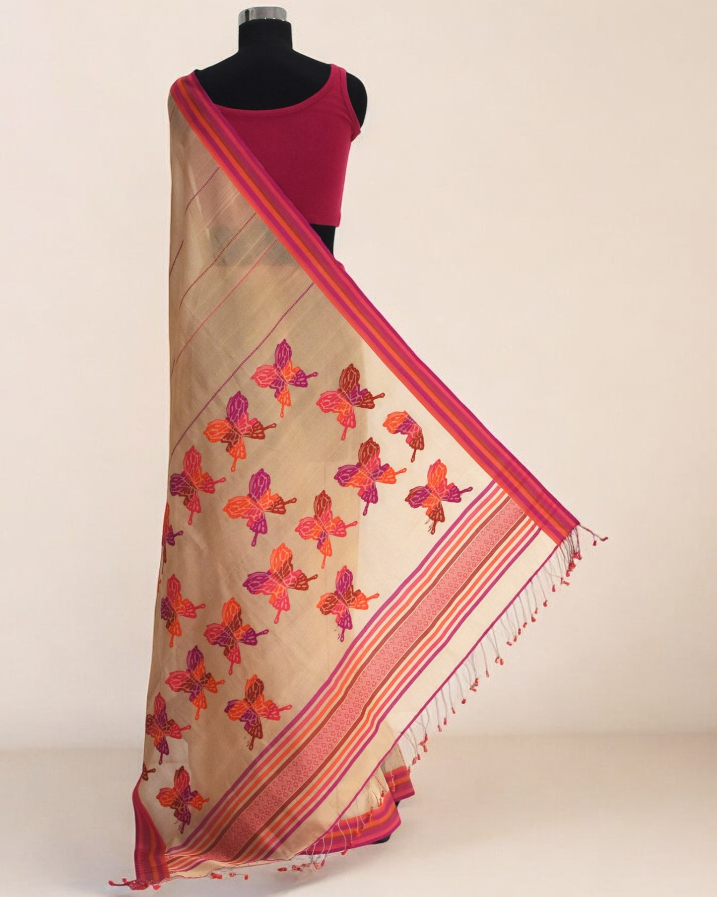 Beige - Butterfly Motif Organic Cotton Saree