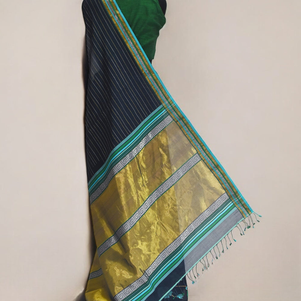 Midnight Blue - Floral Embrace Organic Cotton Saree