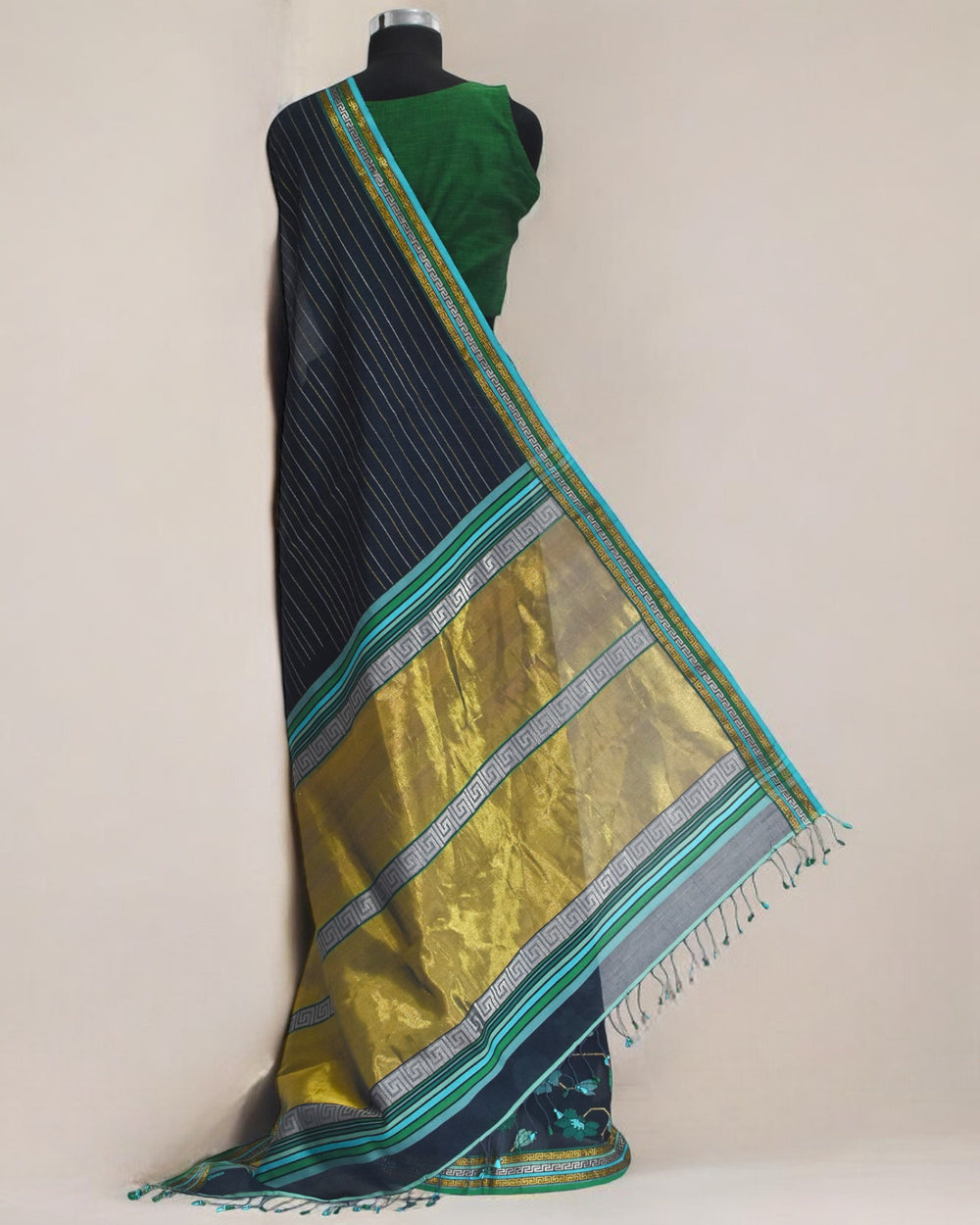 Midnight Blue - Floral Embrace Organic Cotton Saree