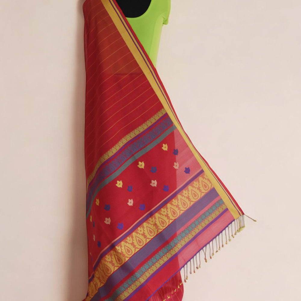 Red - Floral Motif Organic Cotton Saree