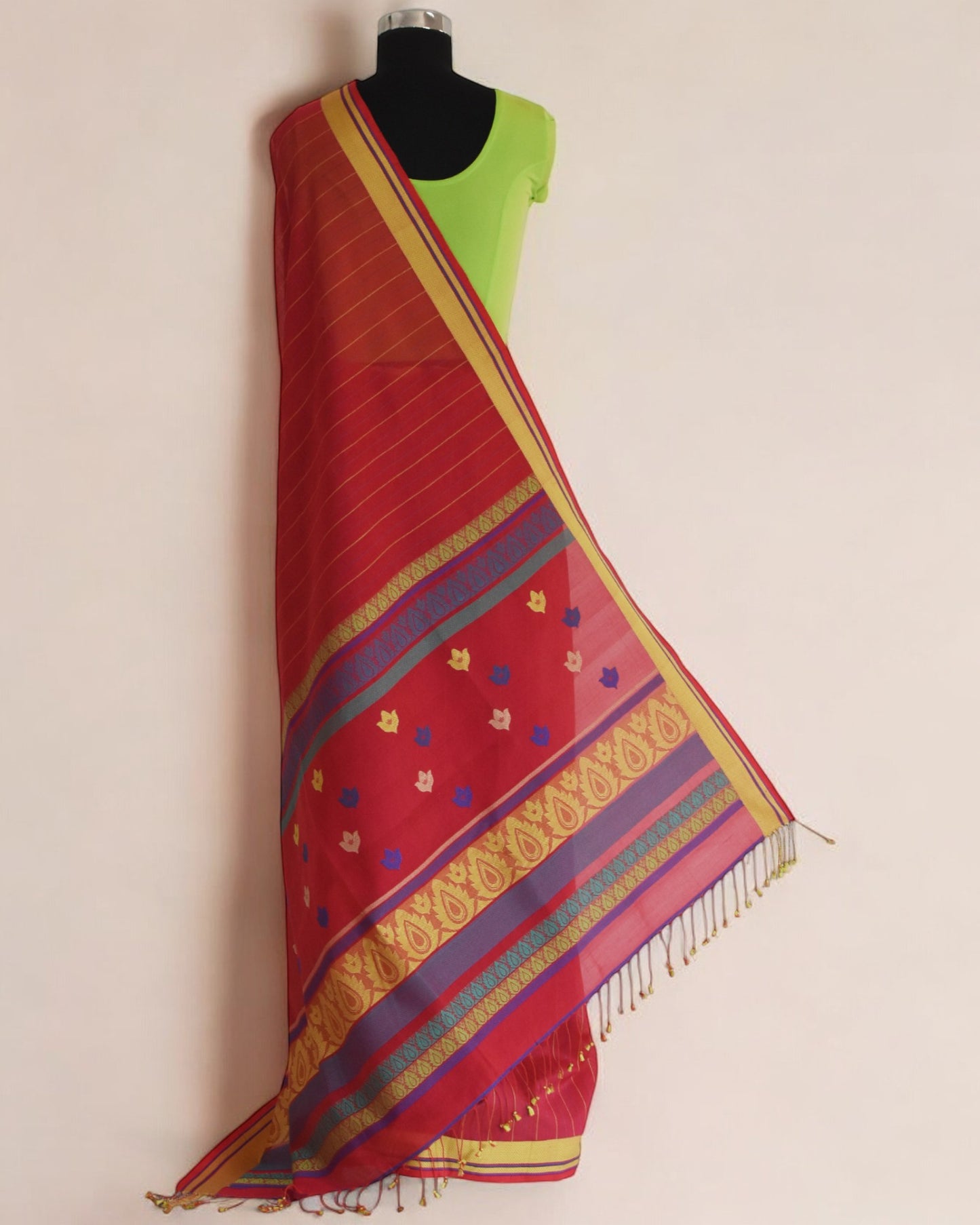 Red - Floral Motif Organic Cotton Saree