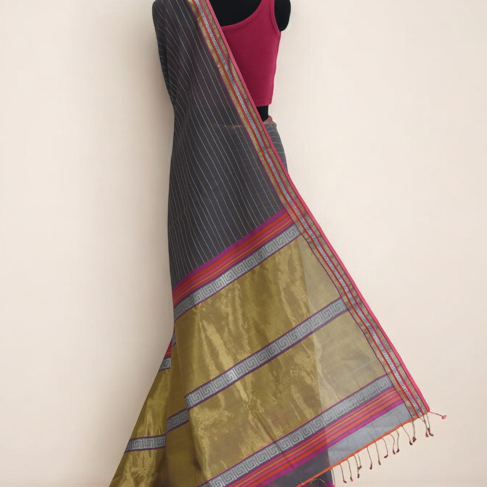 Brown - Floral Embrace Organic Cotton Saree