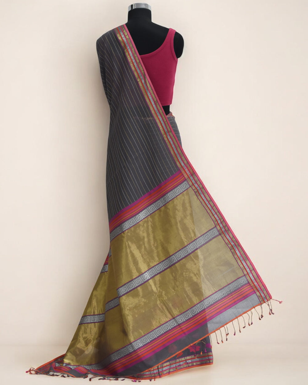 Brown - Floral Embrace Organic Cotton Saree