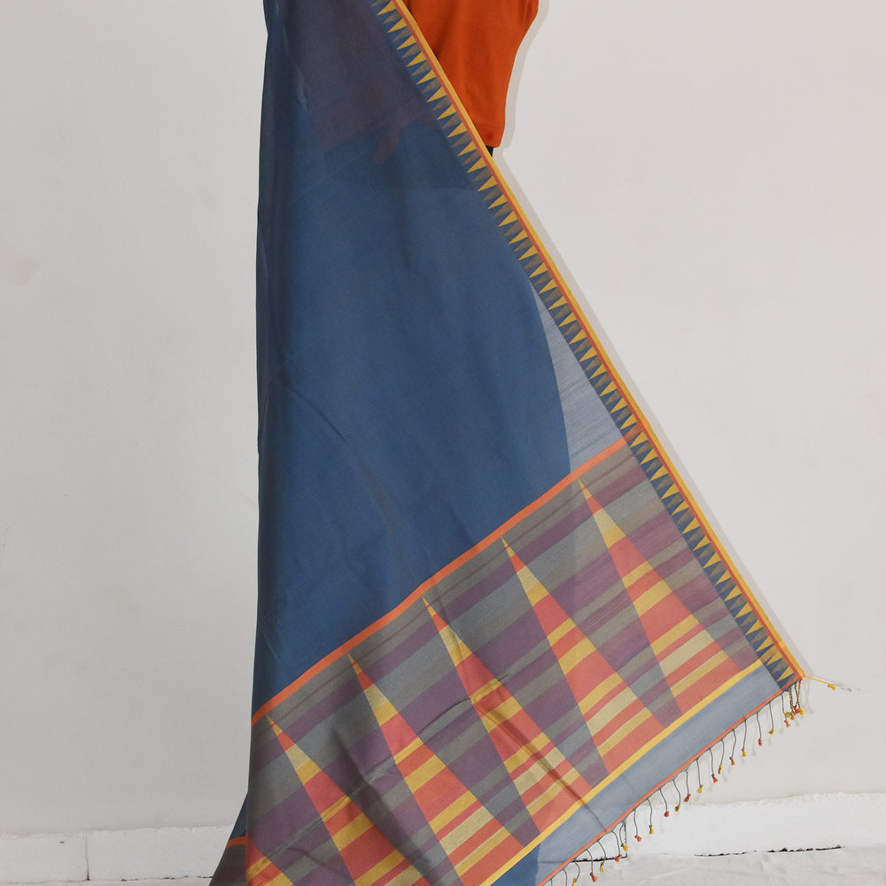 Blueish Grey - Temple Motif Organic Cotton Saree