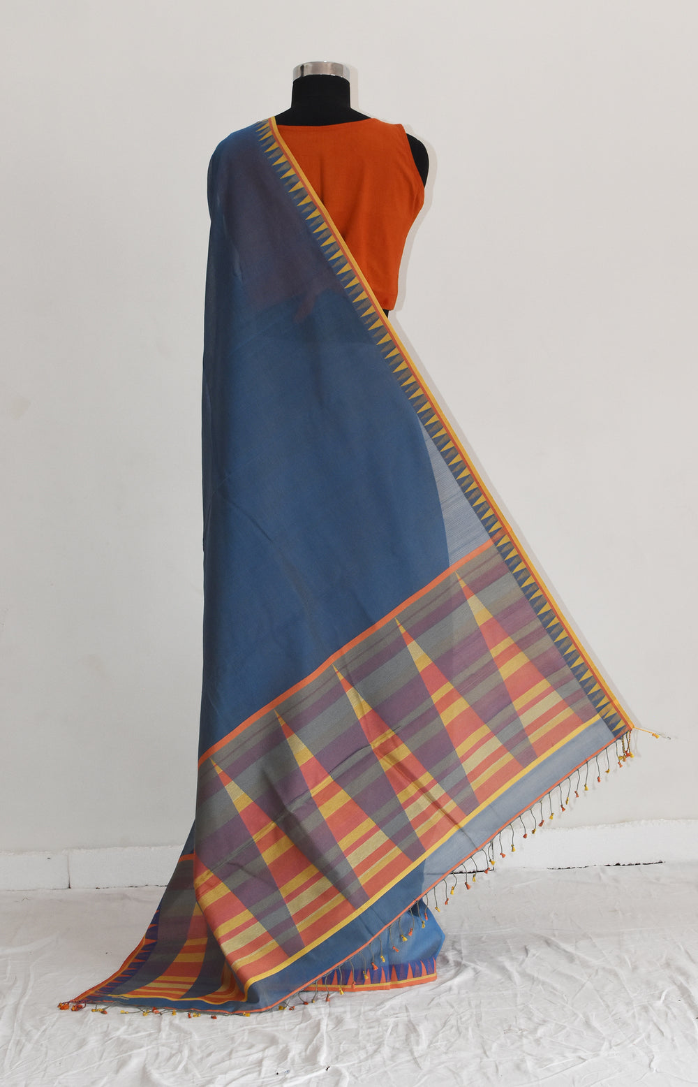 Blueish Grey - Temple Motif Organic Cotton Saree