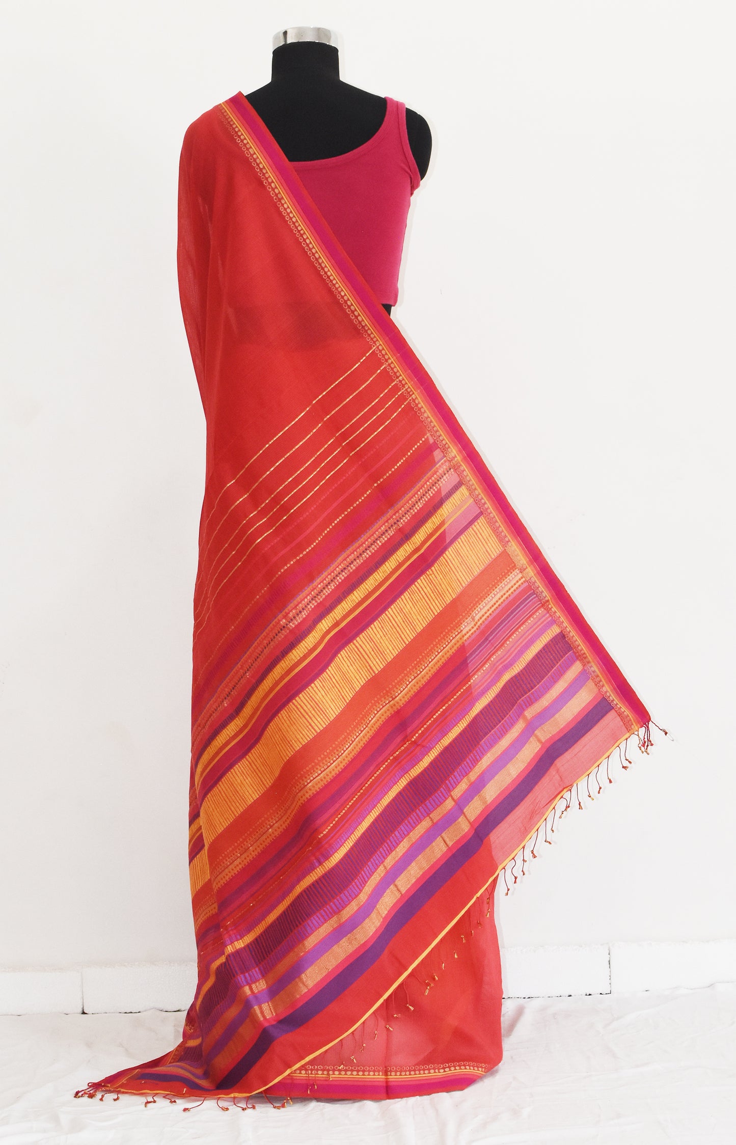 Red - Dots and Dashes Organic Cotton Saree