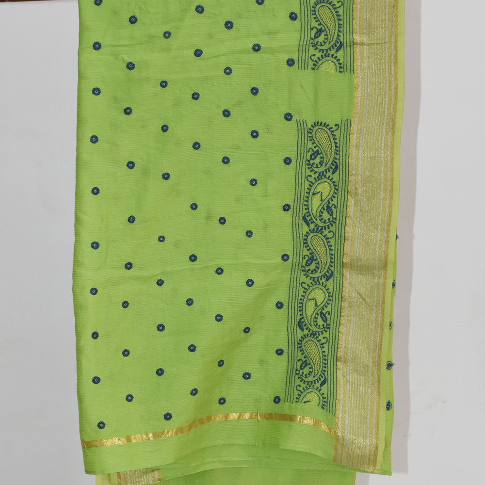 
                      
                        Parrot Green - Hand Embroidered Organic Cotton Saree
                      
                    