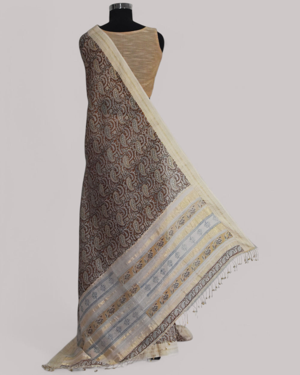 Brown - Block Printed Organic Cotton Saree