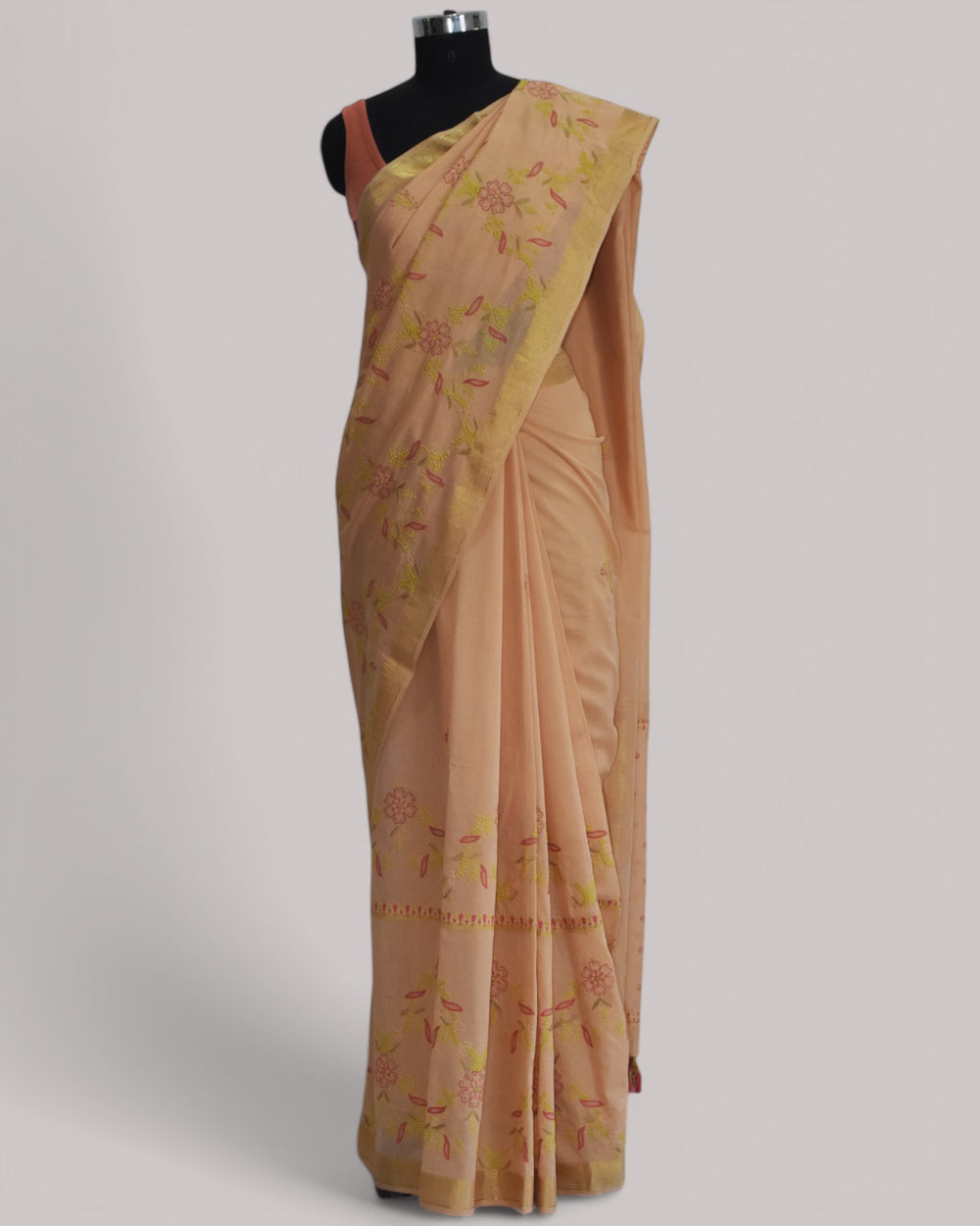 Peach - Hand Embroidered Organic Cotton Saree