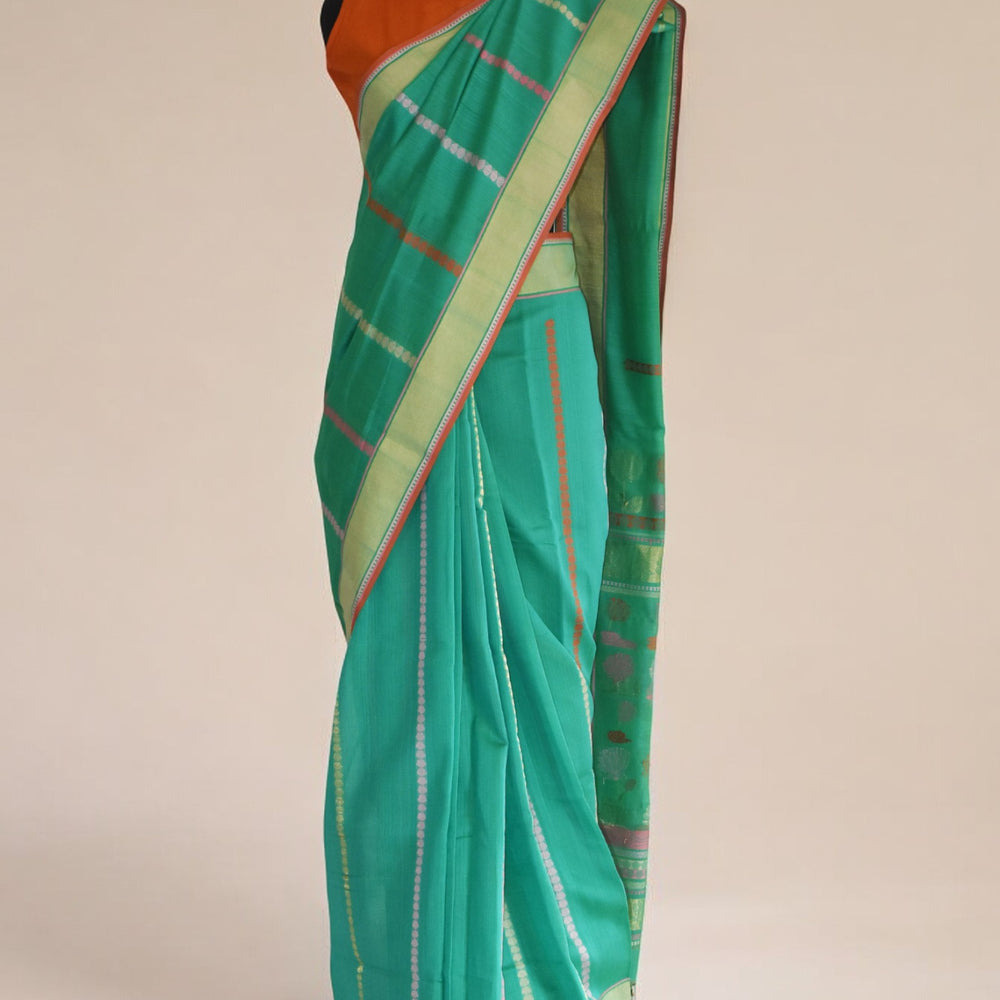 Sea Green - Water Lily Motif Organic Cotton Saree