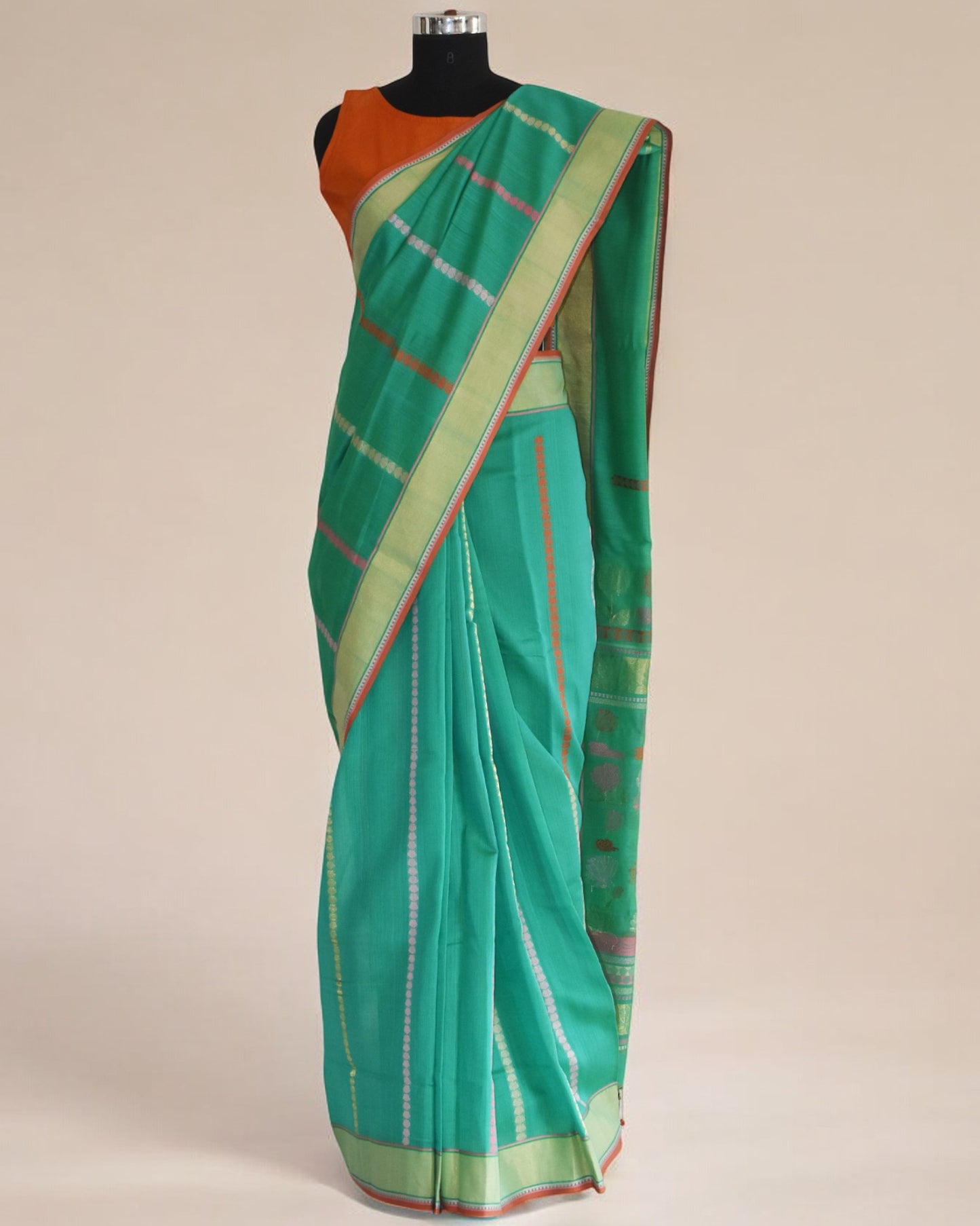 Sea Green - Water Lily Motif Organic Cotton Saree