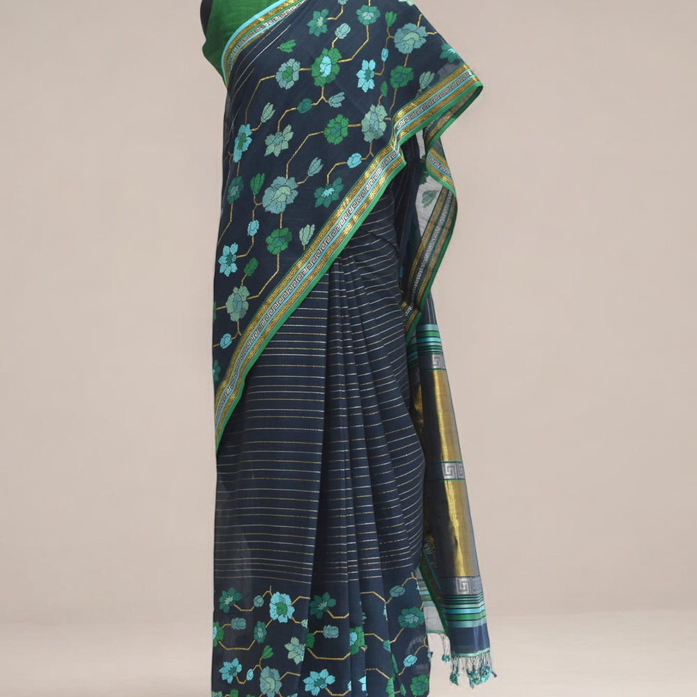 Midnight Blue - Floral Embrace Organic Cotton Saree