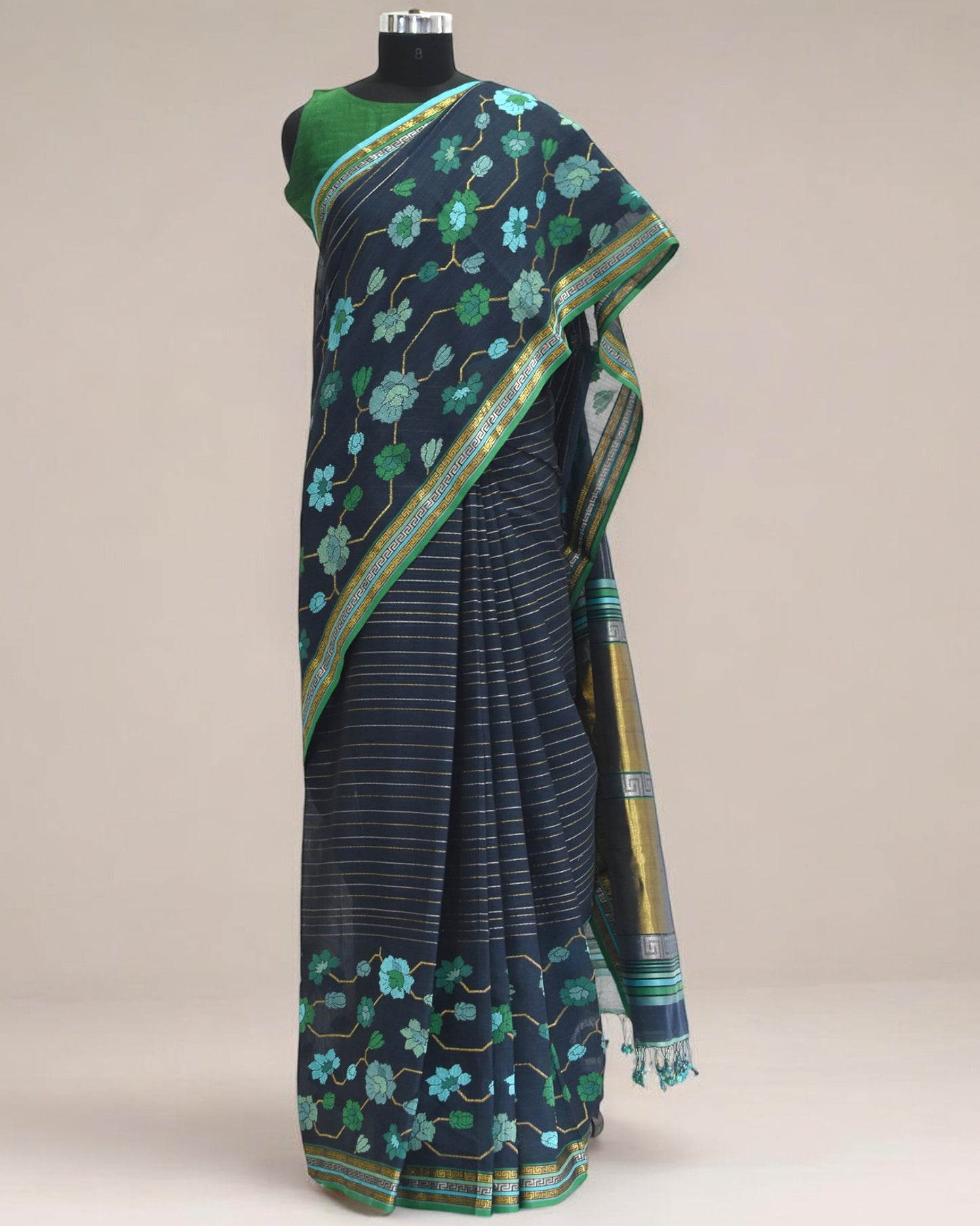 Midnight Blue - Floral Embrace Organic Cotton Saree