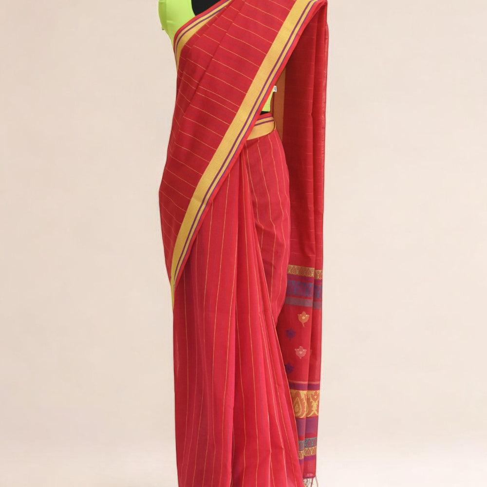 Red - Floral Motif Organic Cotton Saree