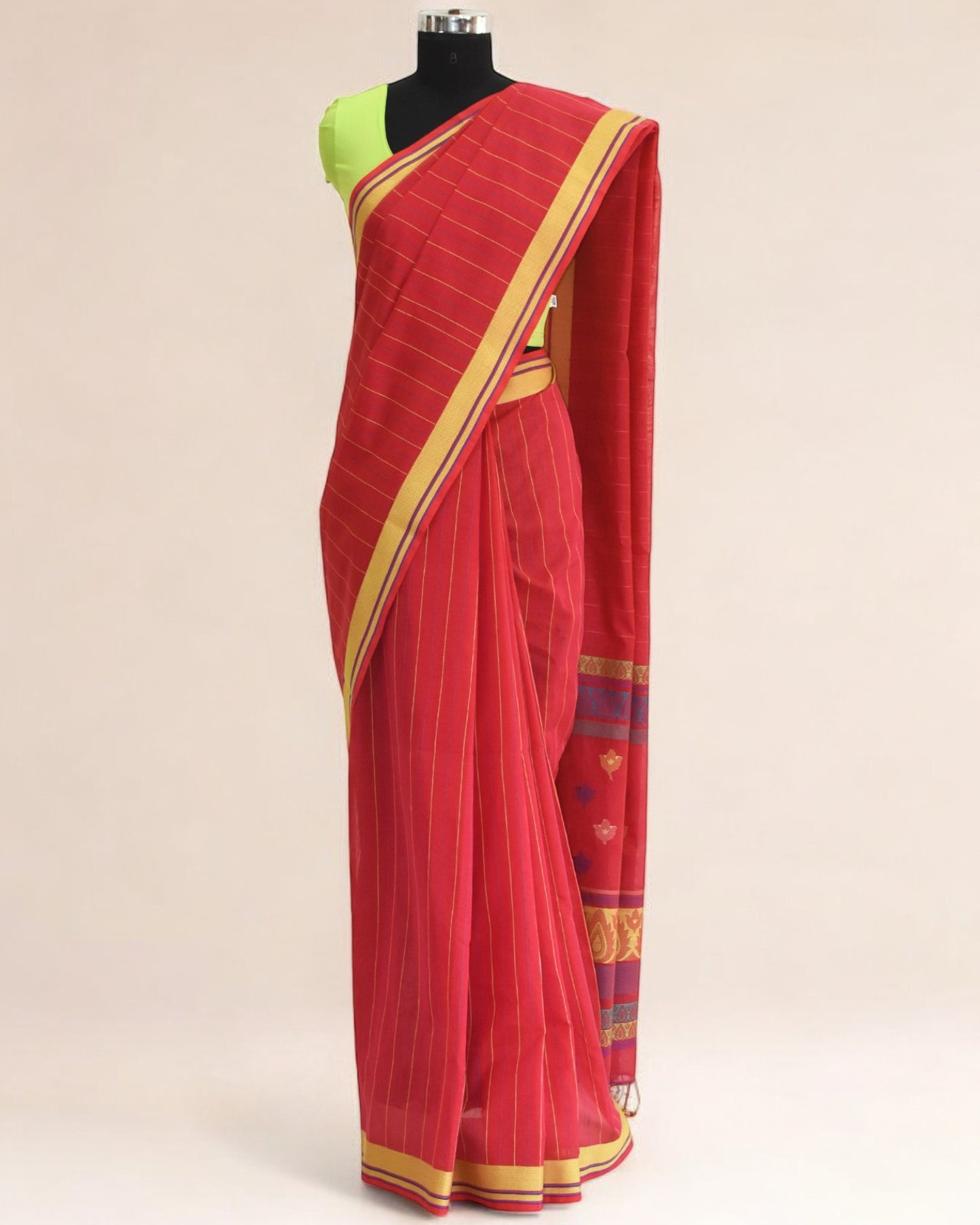 Red - Floral Motif Organic Cotton Saree