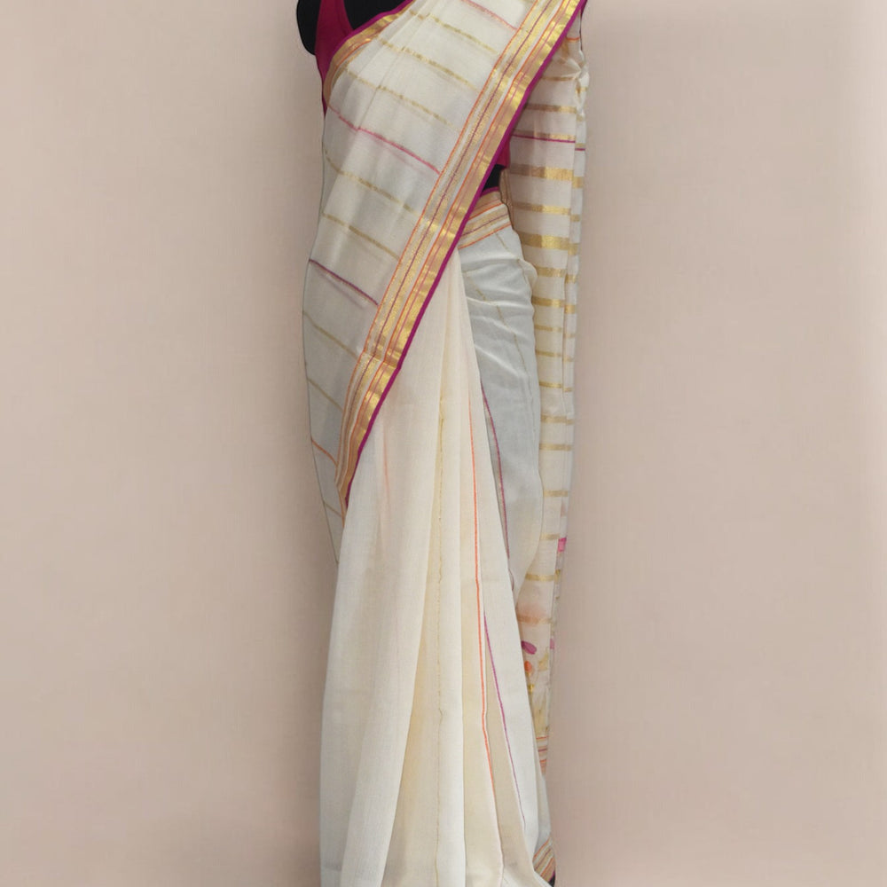 Off-White - Radiant Poppy Organic Cotton Saree