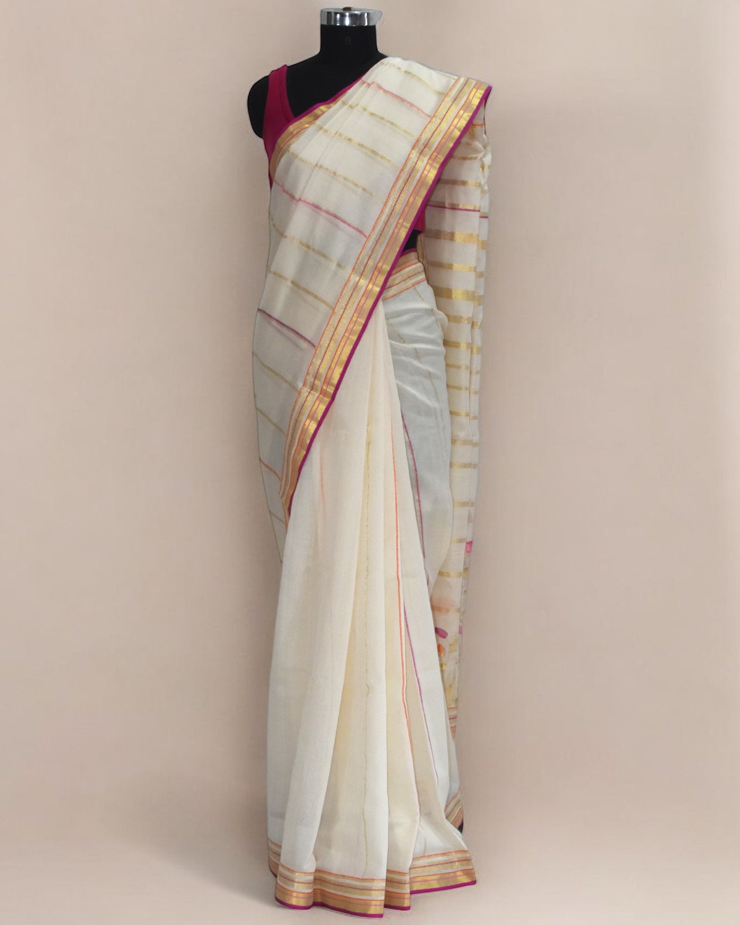 Off-White - Radiant Poppy Organic Cotton Saree