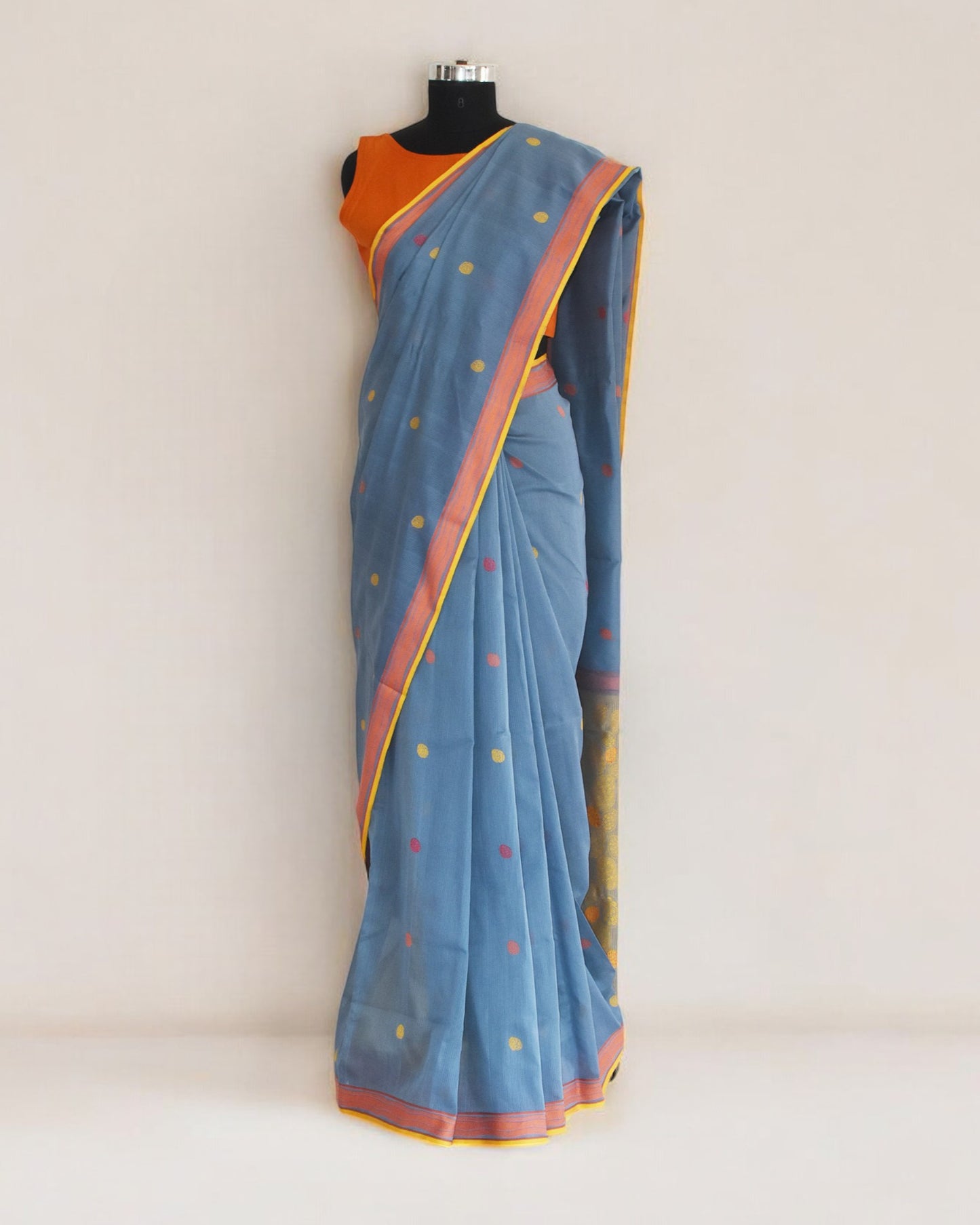 Blueish Grey - Cactus Motif Organic Cotton Saree