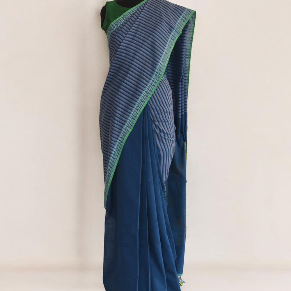 Blue - Photo Frame Motif  Organic Cotton Saree