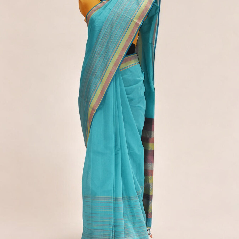 Cyan Blue - Whispering Circles Organic Cotton Saree