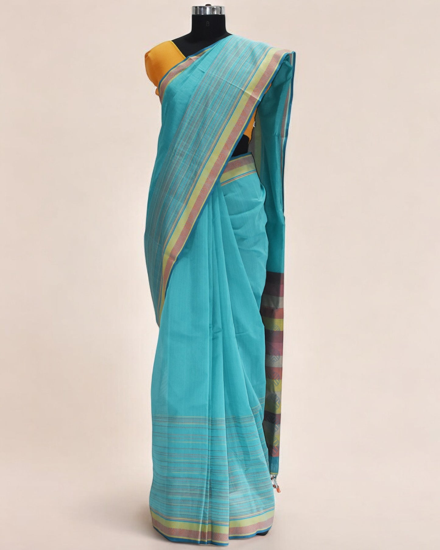 Cyan Blue - Whispering Circles Organic Cotton Saree