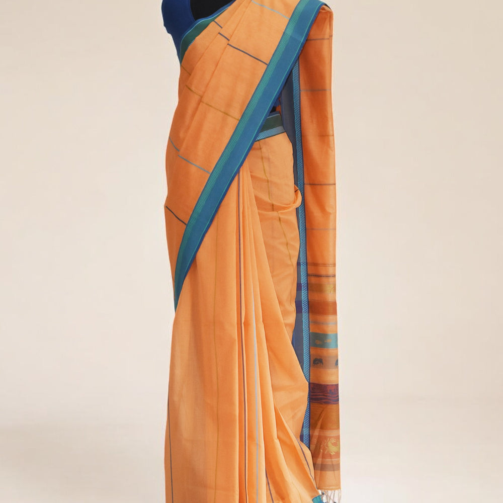 Peach - Animal Ribbon Motif Organic Cotton Saree