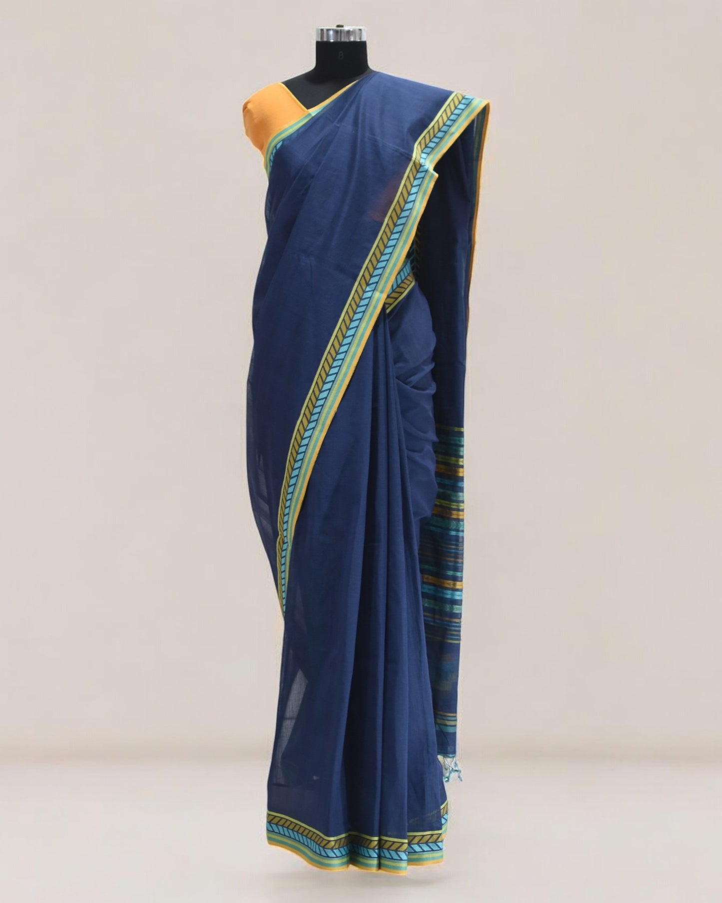 Indigo Blue - Arrowed Opulence Organic Cotton Saree