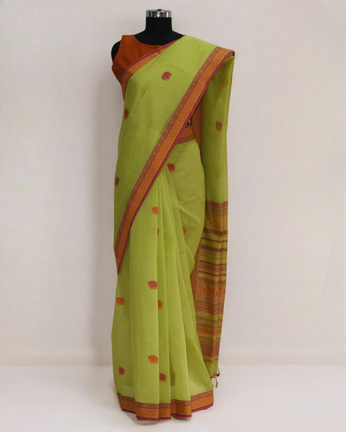 Lime Green - Elephants Motif Organic Cotton Saree