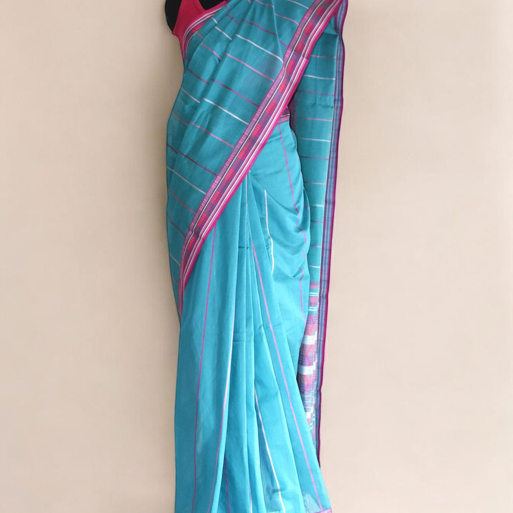 Cyan Blue - Zig Zag Motif Organic Cotton Saree