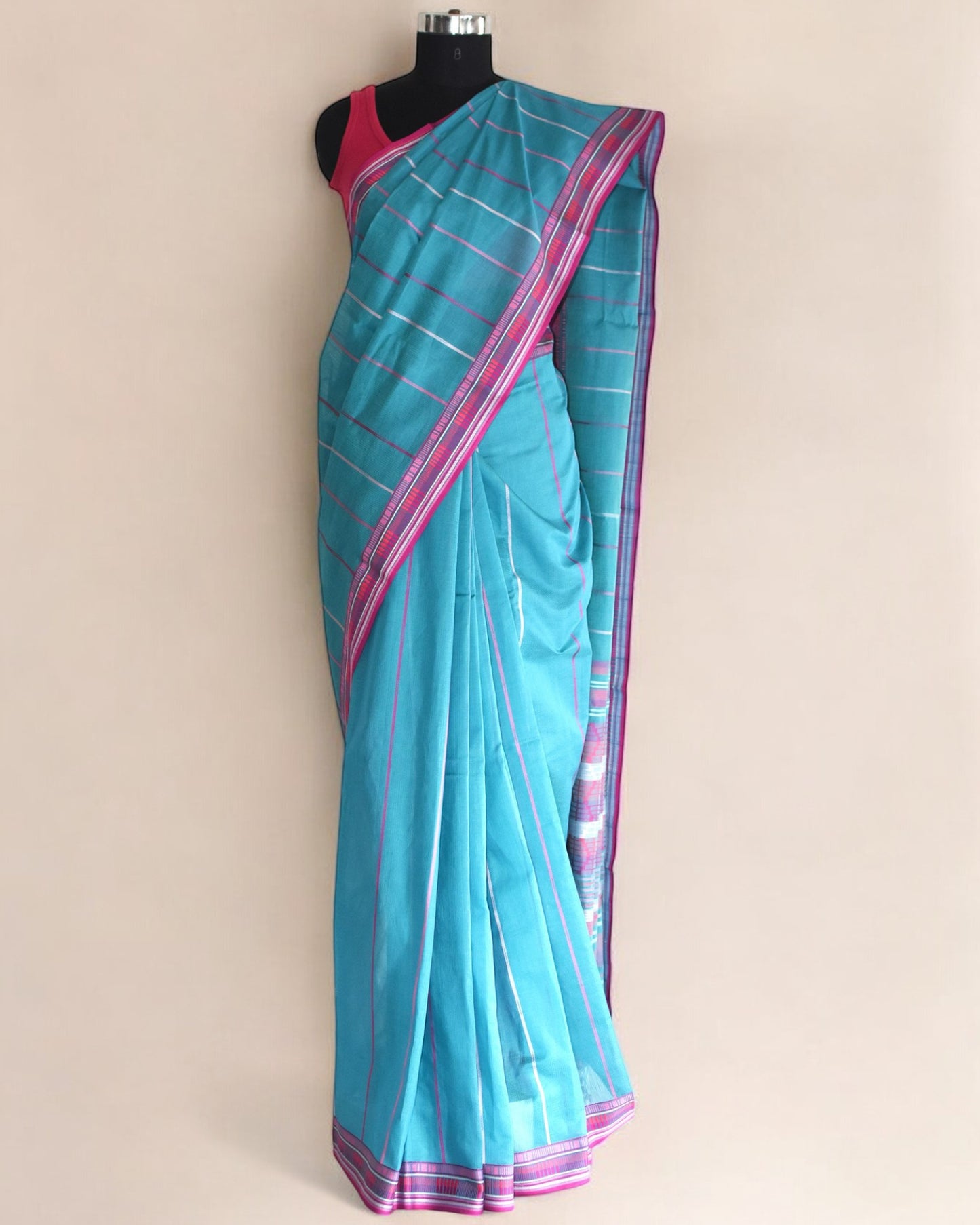 Cyan Blue - Zig Zag Motif Organic Cotton Saree