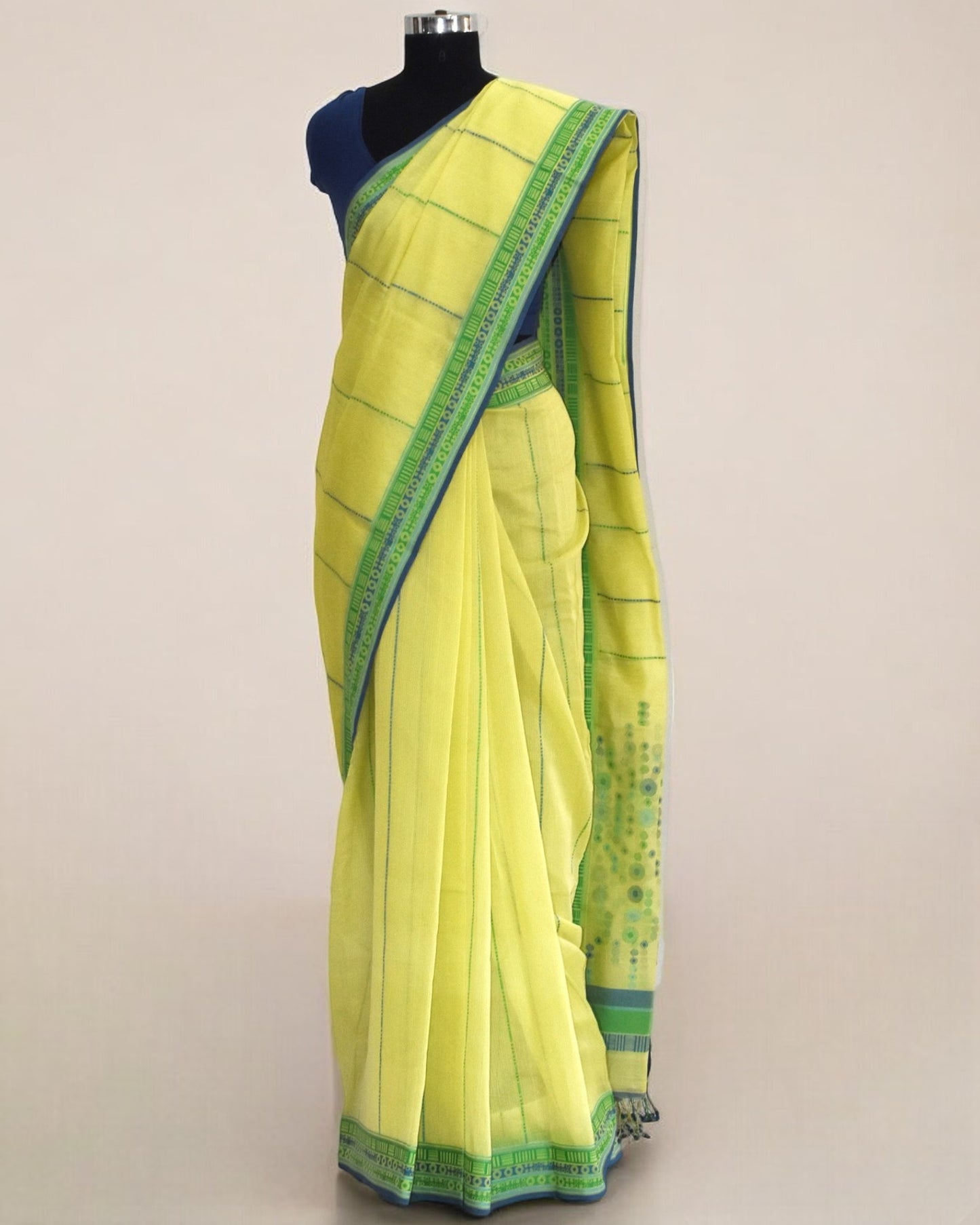 Lime Yellow - Circles & Dots Organic Cotton Saree