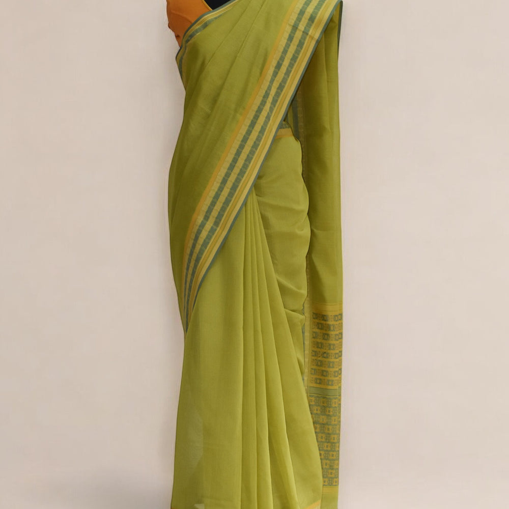 Olive Green - Floral Organic Cotton Saree