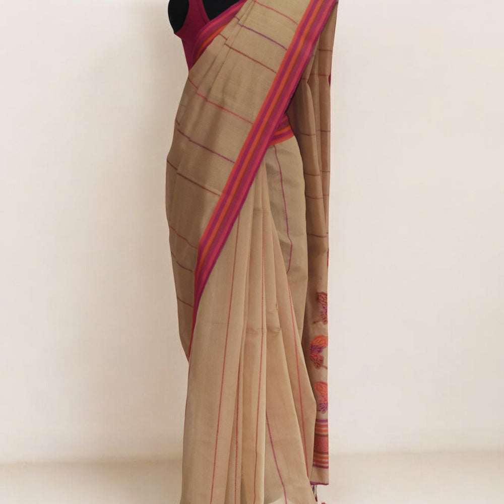 Beige - Butterfly Motif Organic Cotton Saree