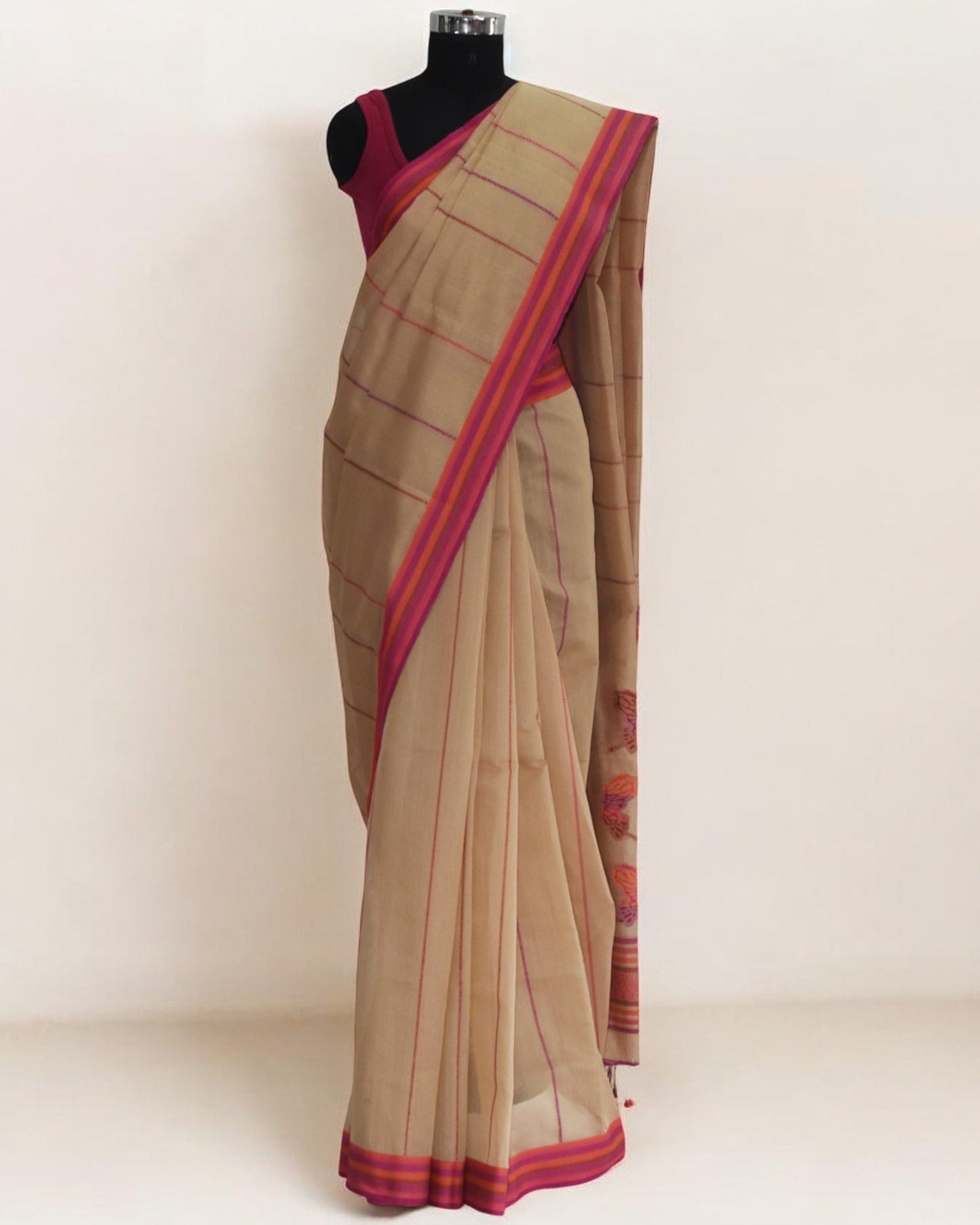 Beige - Butterfly Motif Organic Cotton Saree