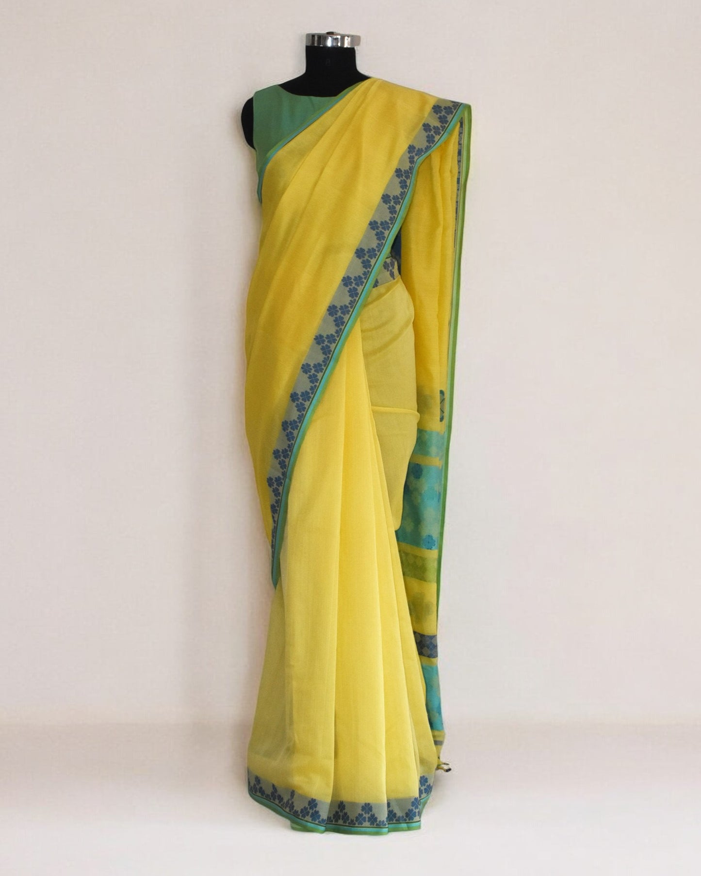 Lime Yellow - Clover Motif Organic Cotton Saree