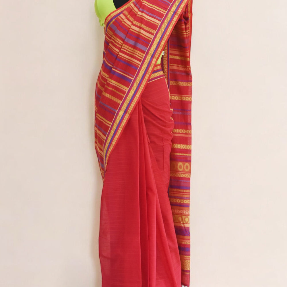 Red - Circles & stripes Organic Cotton Saree