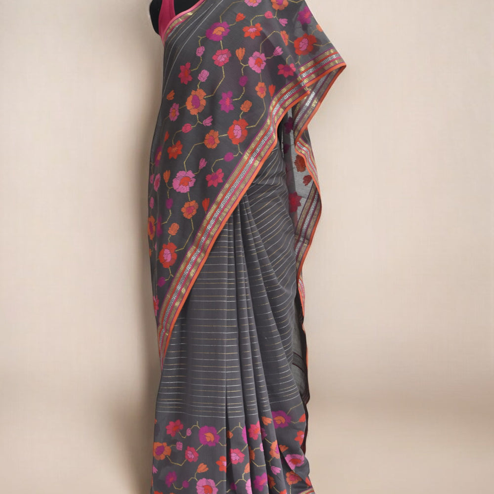 Brown - Floral Embrace Organic Cotton Saree