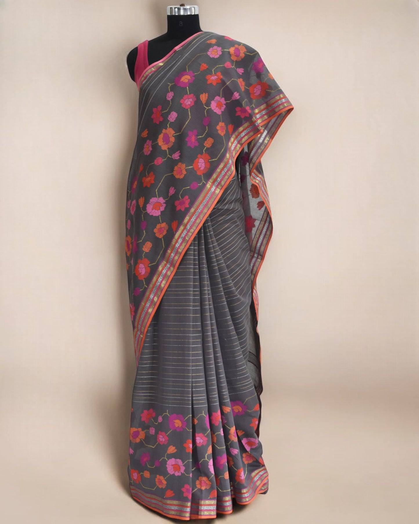 Brown - Floral Embrace Organic Cotton Saree