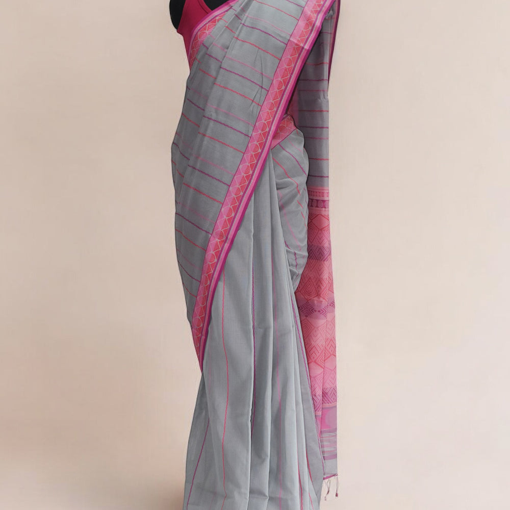 Light Grey - Geometric Elegance Organic Cotton Saree